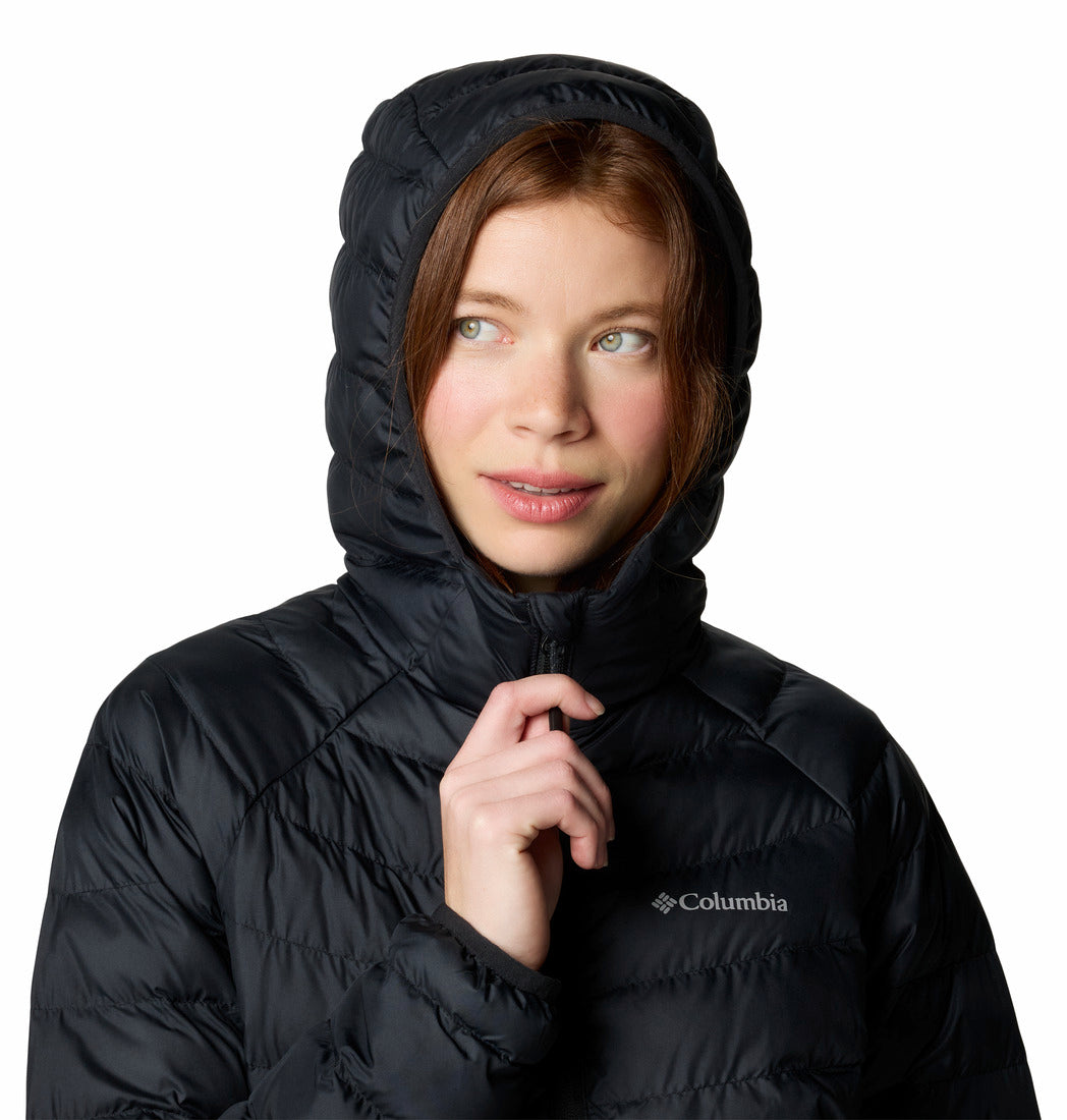 Person wearing a black Columbia jacket with a hood on a white background