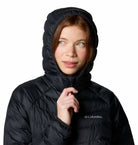 Person wearing a black Columbia jacket with a hood on a white background