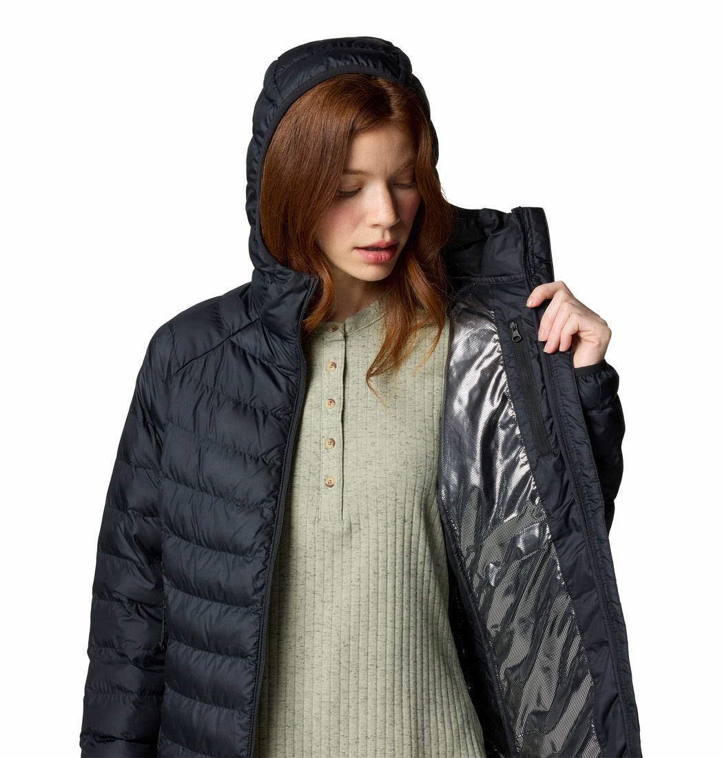 Person wearing a black puffer jacket with reflective lining on a white background