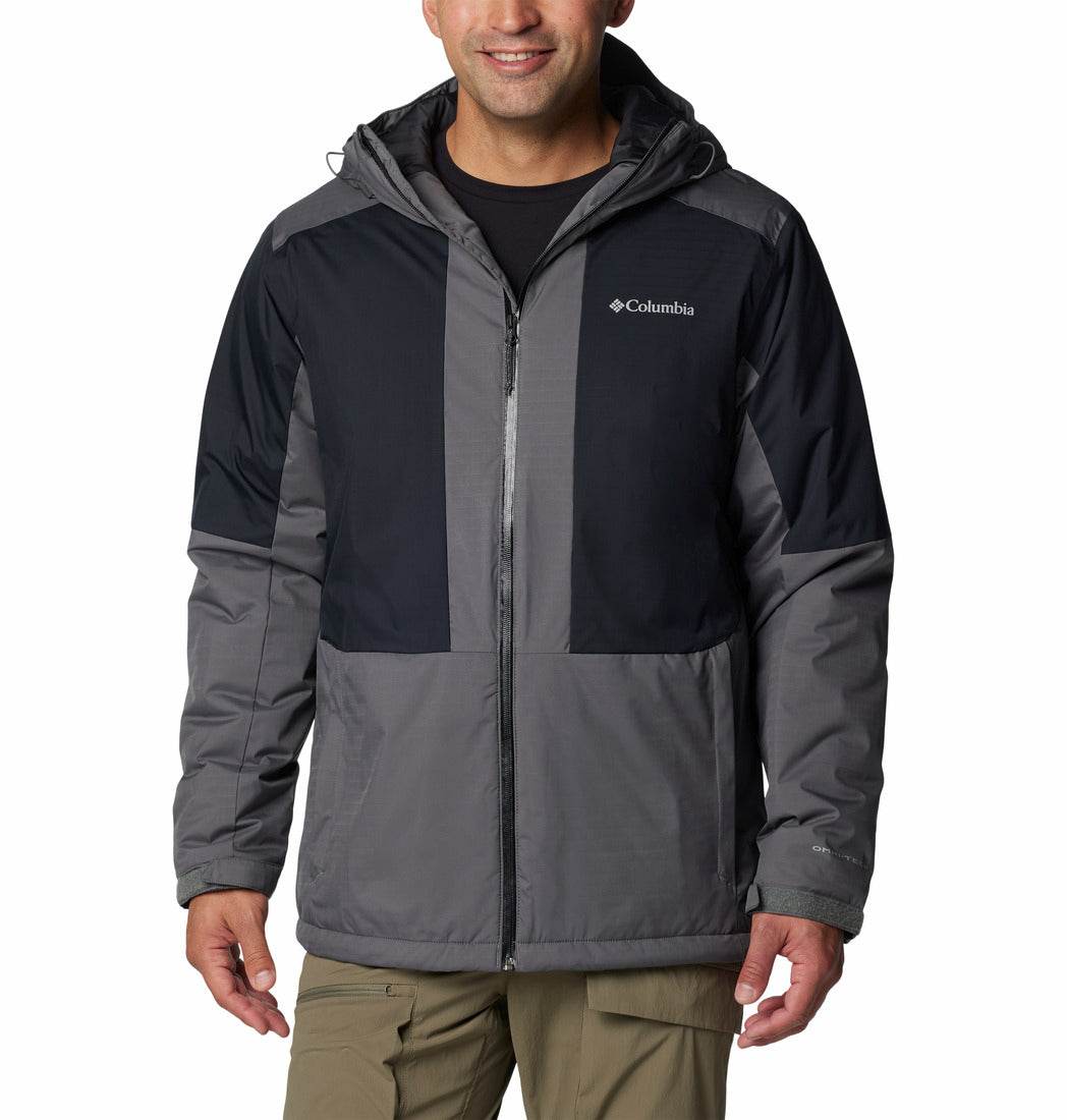 Man wearing a gray and black Columbia jacket on a white background