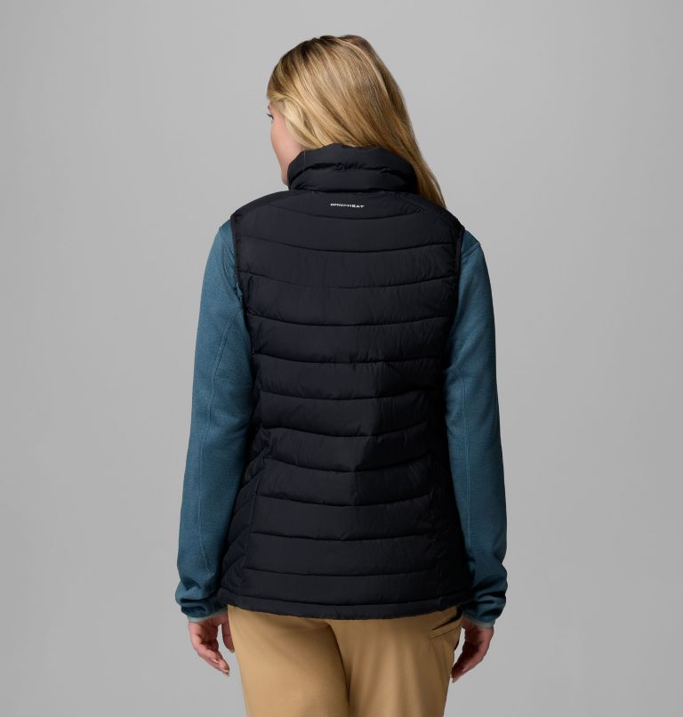 Person wearing a black puffer vest over a teal long-sleeve shirt on a gray background