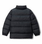 Black puffer jacket on a white background