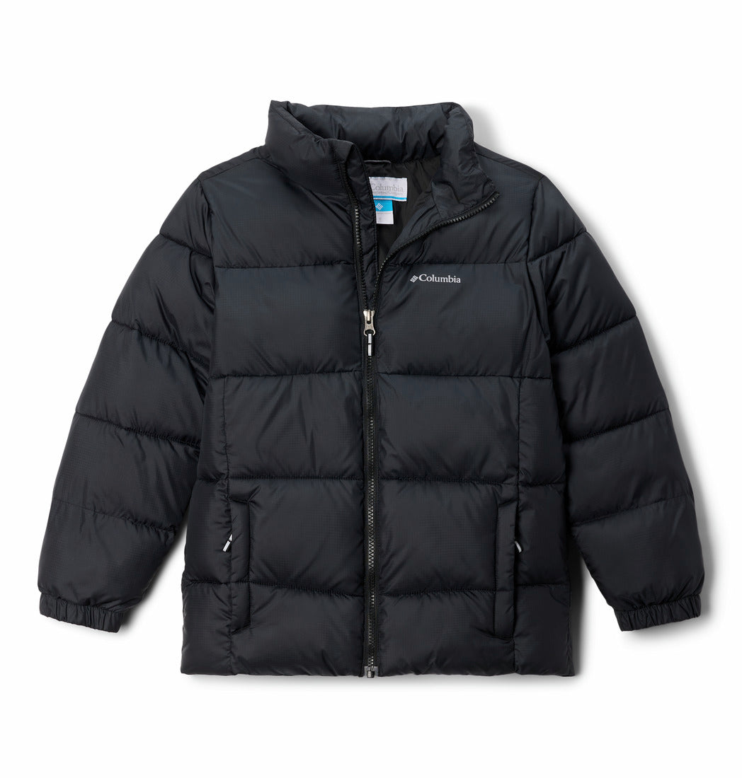 Black puffer jacket with Columbia logo on a white background