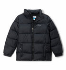 Black puffer jacket with Columbia logo on a white background