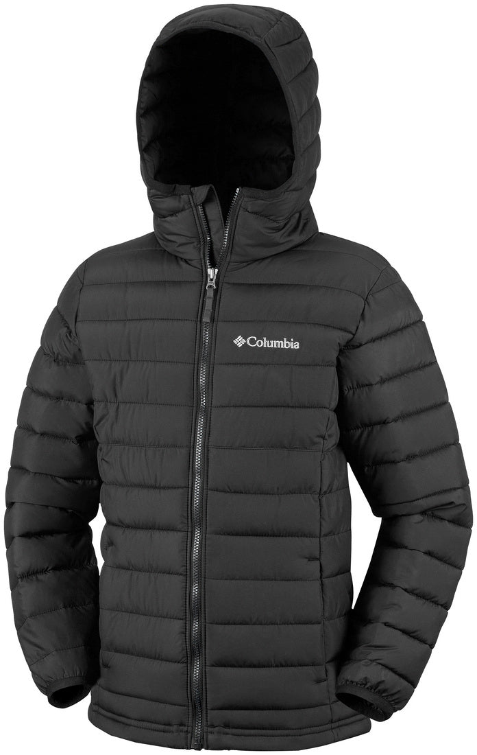 Black puffer jacket with Columbia logo on a white background