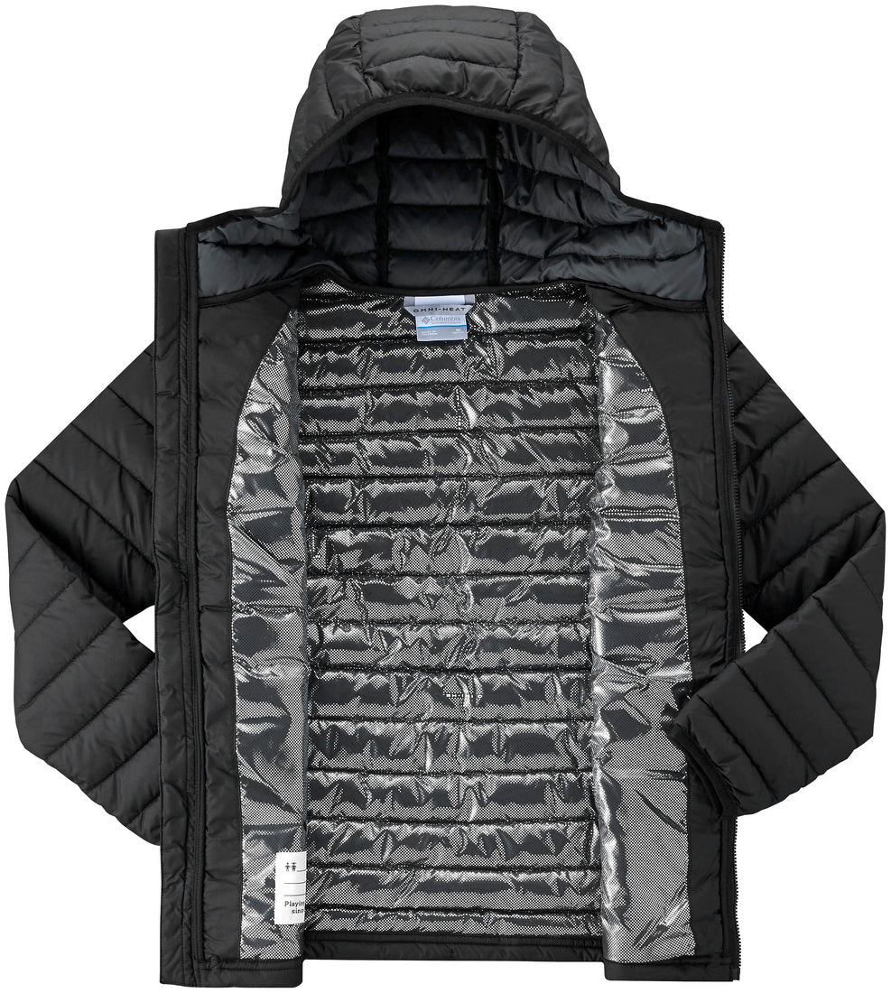 Black puffer jacket with quilted design on a white background