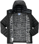 Black puffer jacket with quilted design on a white background