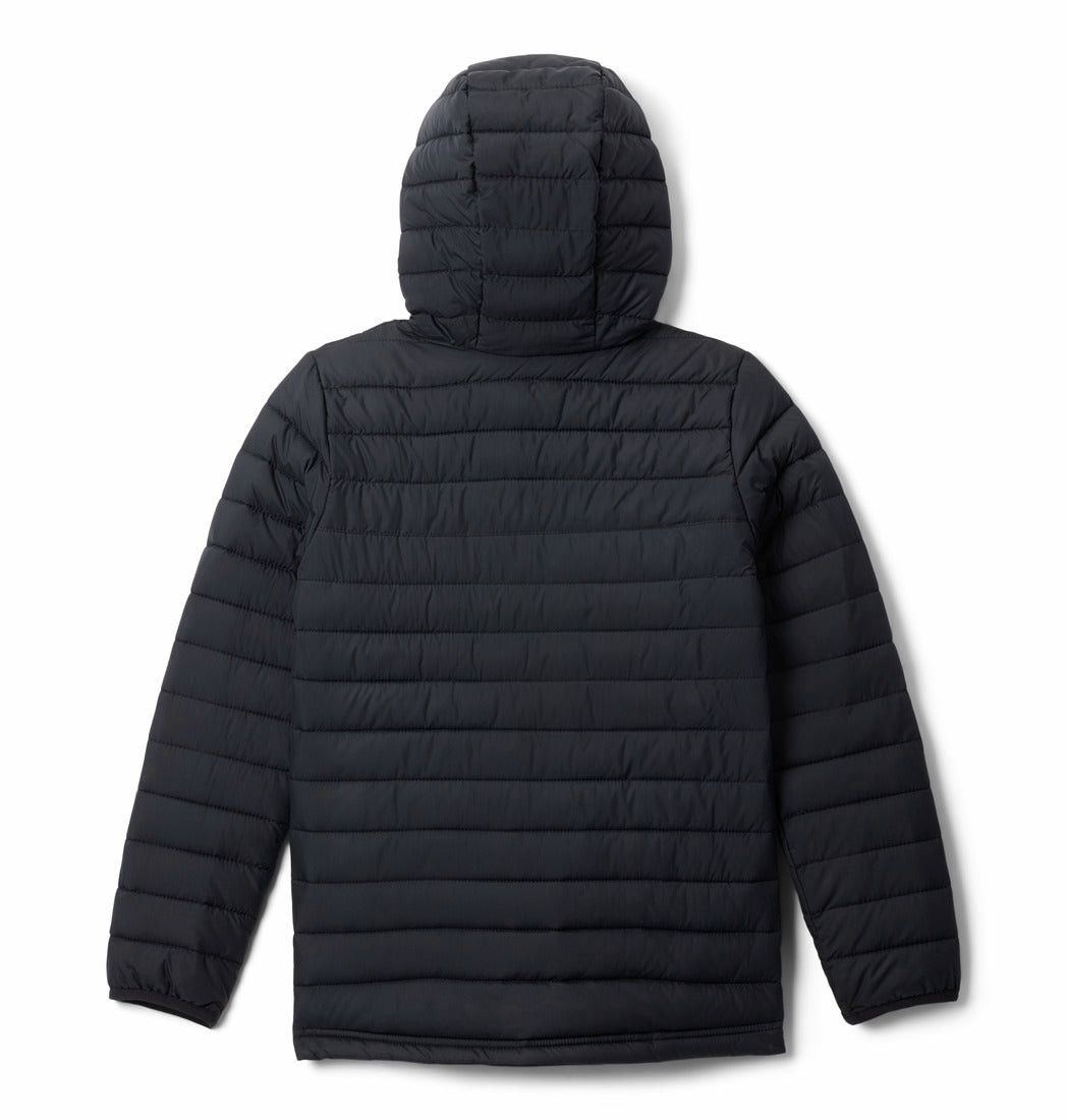 Black puffer jacket with a hood on a white background