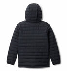 Black puffer jacket with a hood on a white background