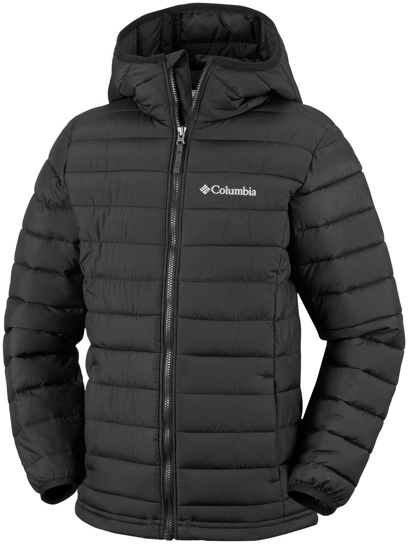 Black puffer jacket with Columbia logo on a white background
