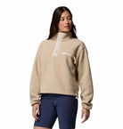 Columbia Womens Helvetia II Cropped Half Snap fleece in Ancient Fossil, angled front model view.