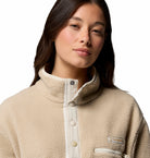 Columbia Womens Helvetia II Cropped Half Snap fleece in Ancient Fossil, close - up detail of the collar, snap placket and chest pocket.