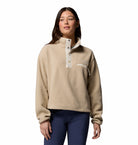 Columbia Womens Helvetia II Cropped Half Snap fleece in Ancient Fossil, front model view.