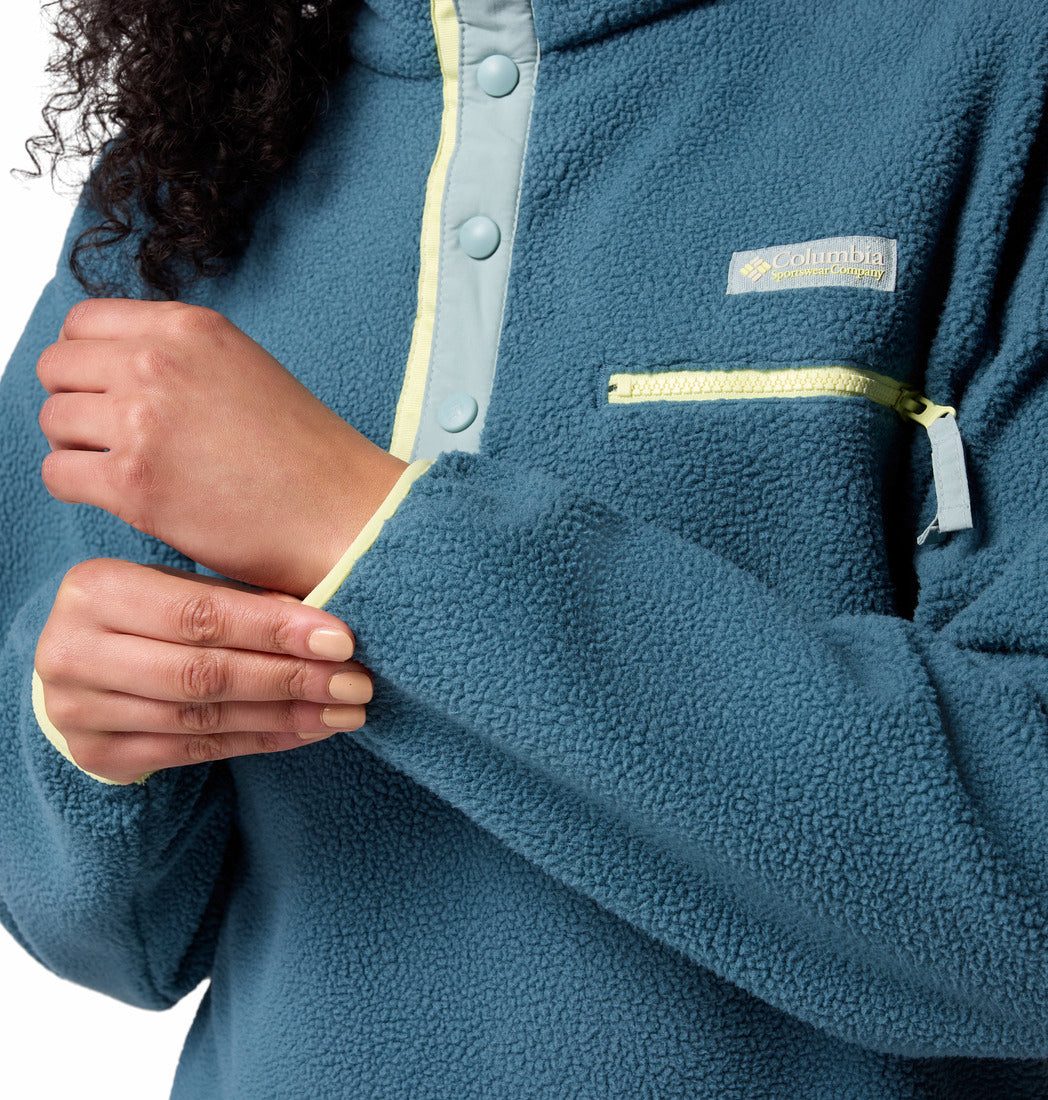 Teal fleece jacket with Columbia logo on sleeve