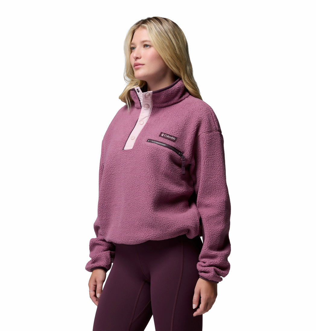 Columbia Womens Helvetia II Cropped Half Snap Fleece in Antique Mauve, angled model view