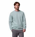 Man wearing a light green sweatshirt with a logo on a white background