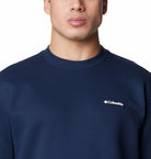Navy blue sweatshirt with Columbia logo worn by a person on a white background