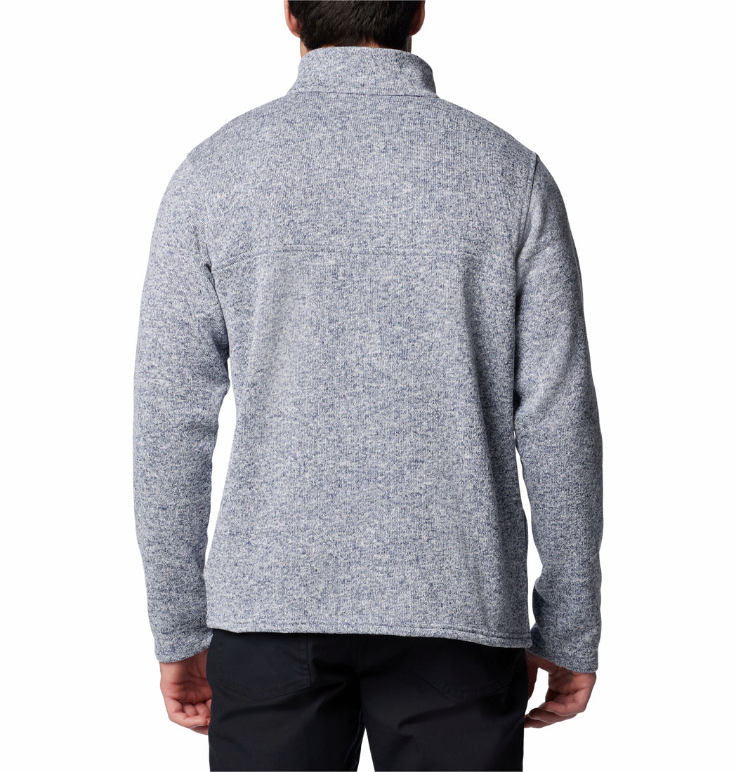 Gray fleece pullover worn by a person on a white background
