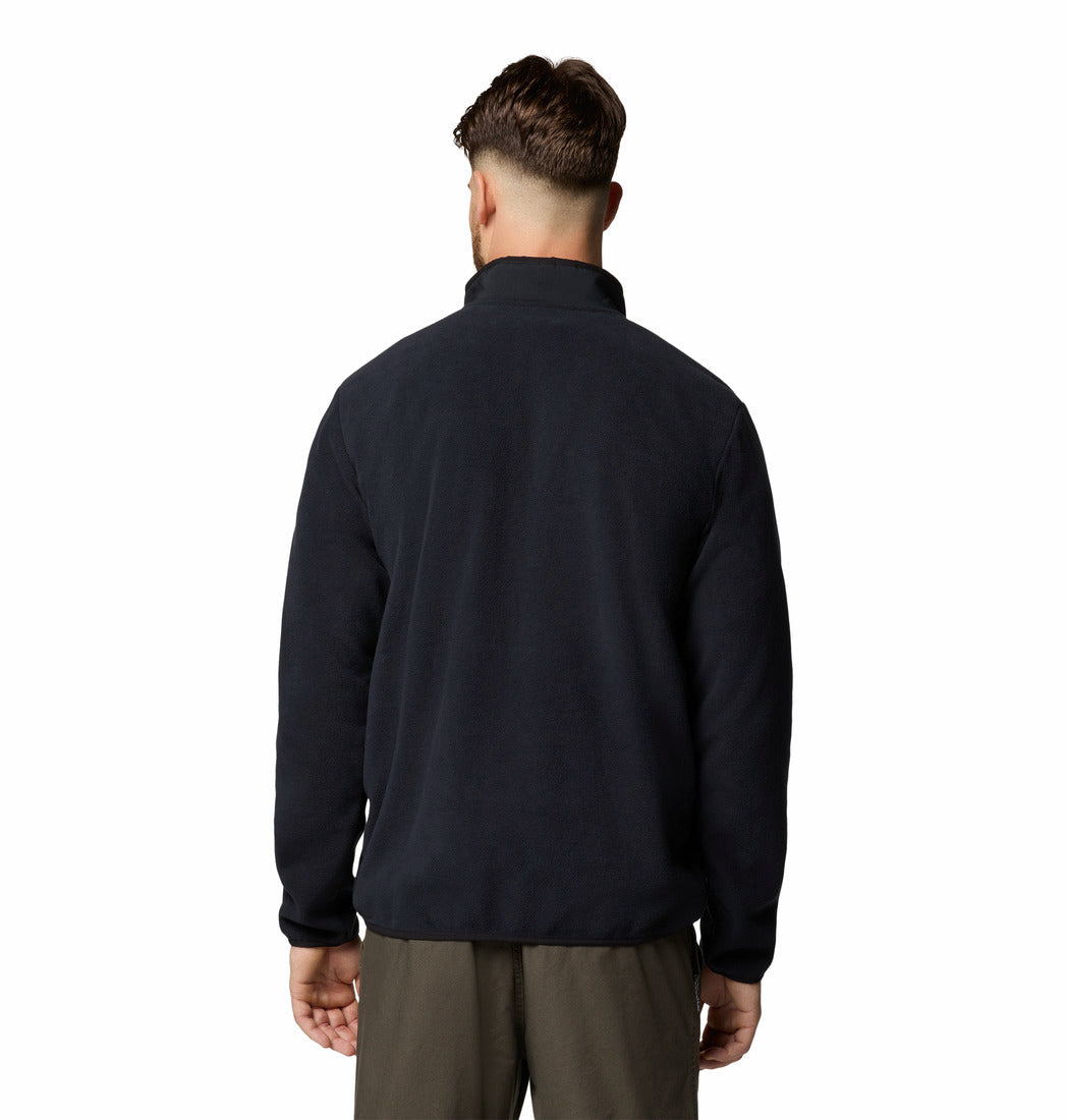 Man wearing a black fleece jacket on a white background