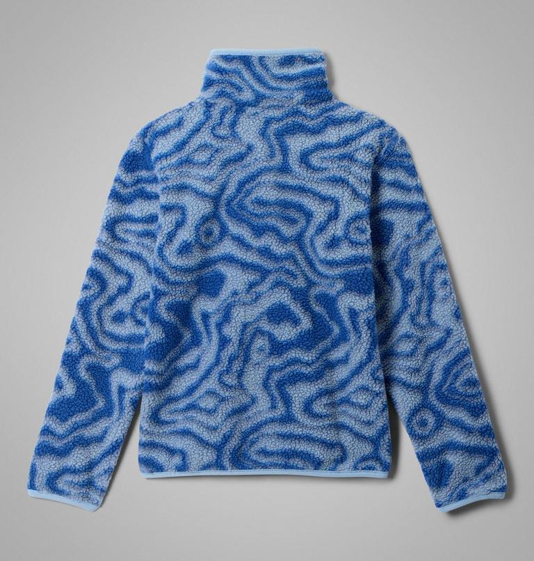 Blue patterned boys fleece pullover with Columbia logo on a gray background-Back view