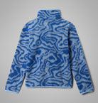 Blue patterned boys fleece pullover with Columbia logo on a gray background-Back view