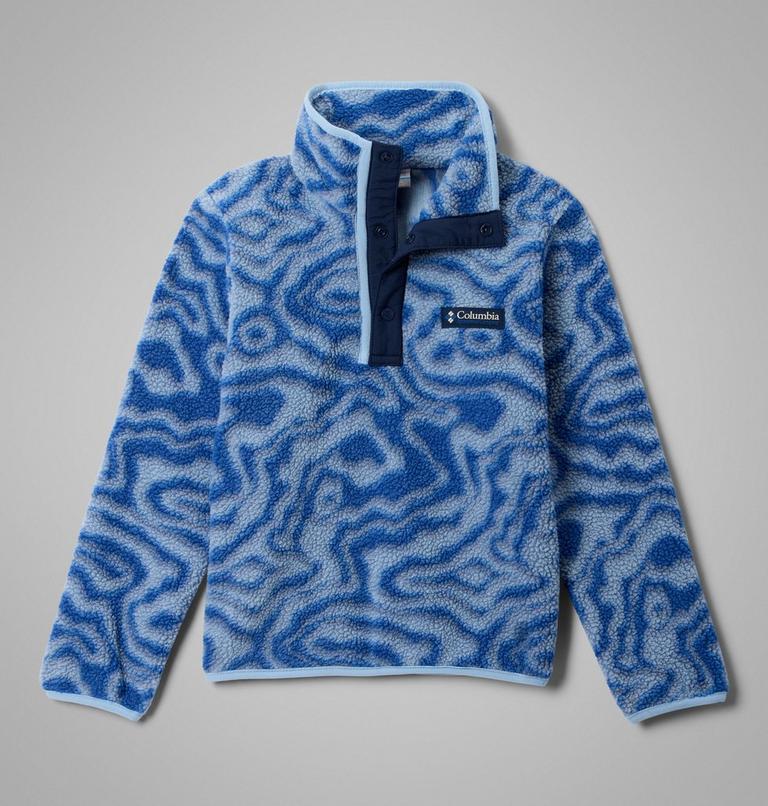 Blue patterned boys fleece pullover with Columbia logo on a gray background