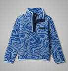 Blue patterned boys fleece pullover with Columbia logo on a gray background