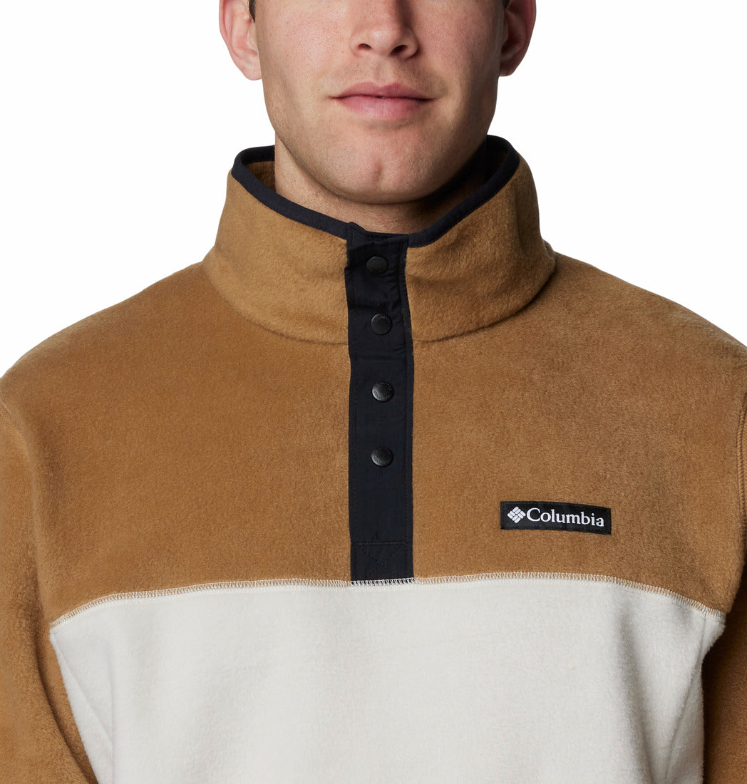 Close-up of a person wearing a brown and white fleece pullover with Columbia logo.