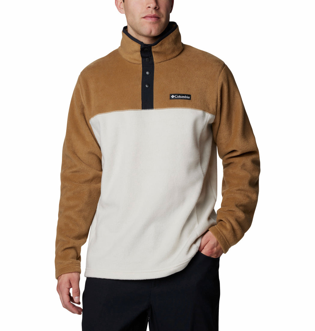 Brown and beige fleece pullover with Columbia logo on a white background