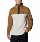 Brown and beige fleece pullover with Columbia logo on a white background