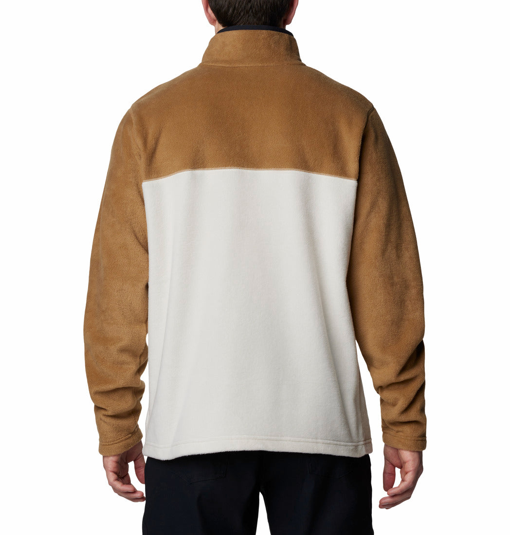 Brown and white fleece jacket on a white background
