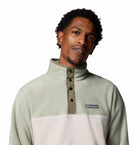 Columbia Mens Steens Mountain Half Snap II fleece in Dark Stone Safari, close - up detail of half snap collar and chest logo