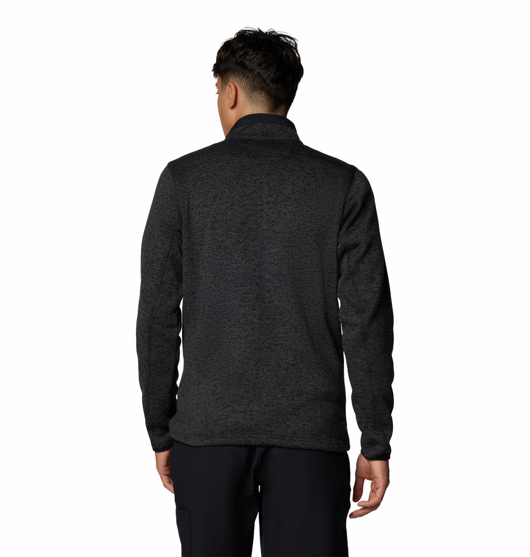 Person wearing a dark gray half-zip sweater on a white background