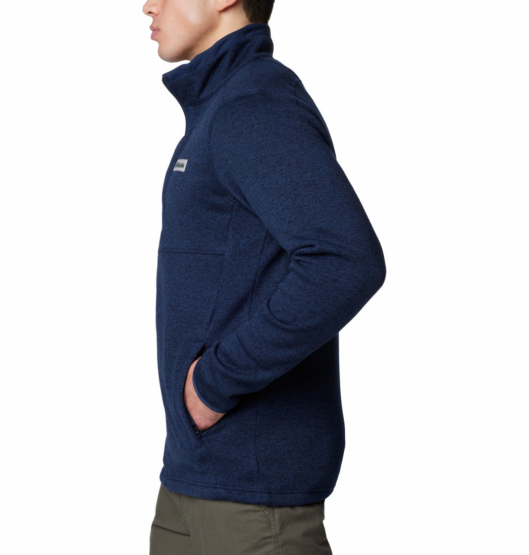 Person wearing a blue fleece jacket on a white background