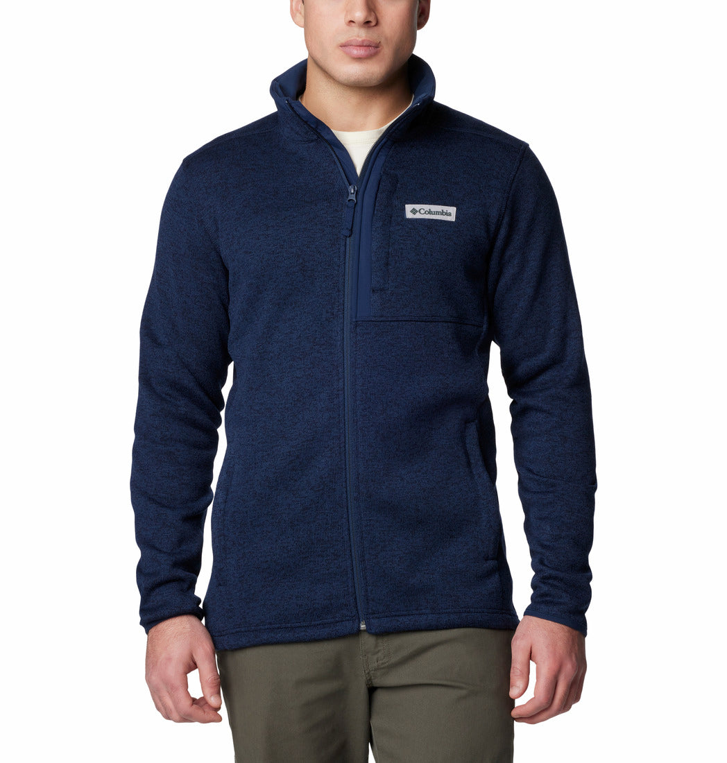 Navy blue fleece jacket with Columbia logo on a white background