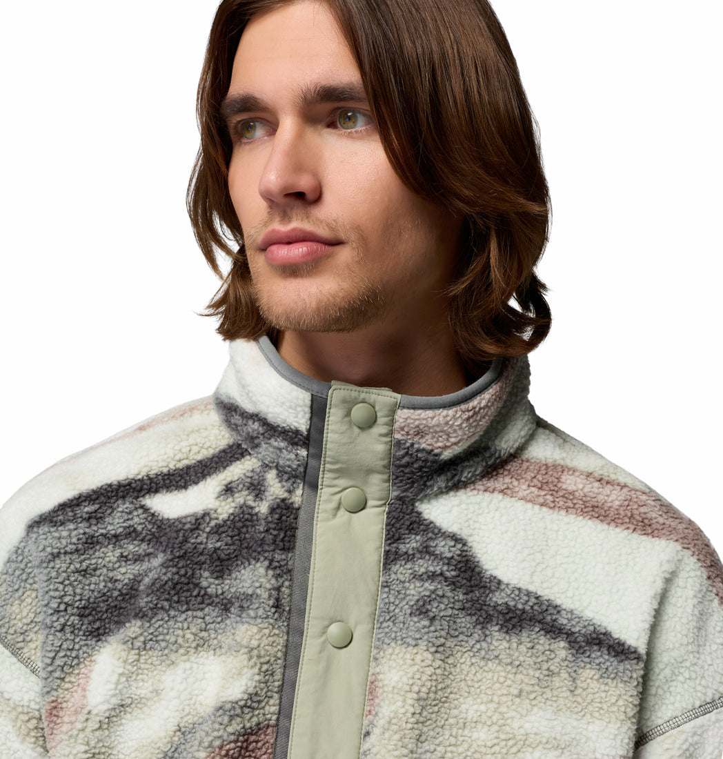 Columbia Mens Helvetia II Printed Half Snap Fleece in Sedona Sage Sum, detail view of snap placket and fleece texture