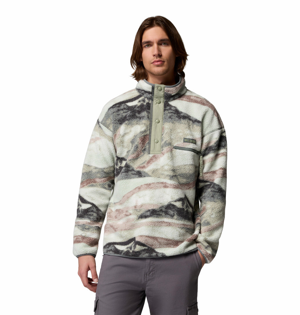 Columbia Mens Helvetia II Printed Half Snap Fleece in Sedona Sage Sum, front view worn by model