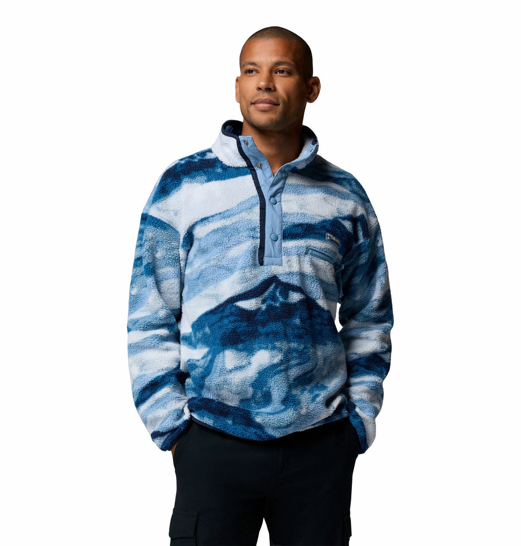 Columbia Mens Helvetia II Printed Half Snap Fleece in Rainy Day Summi, front view worn by model
