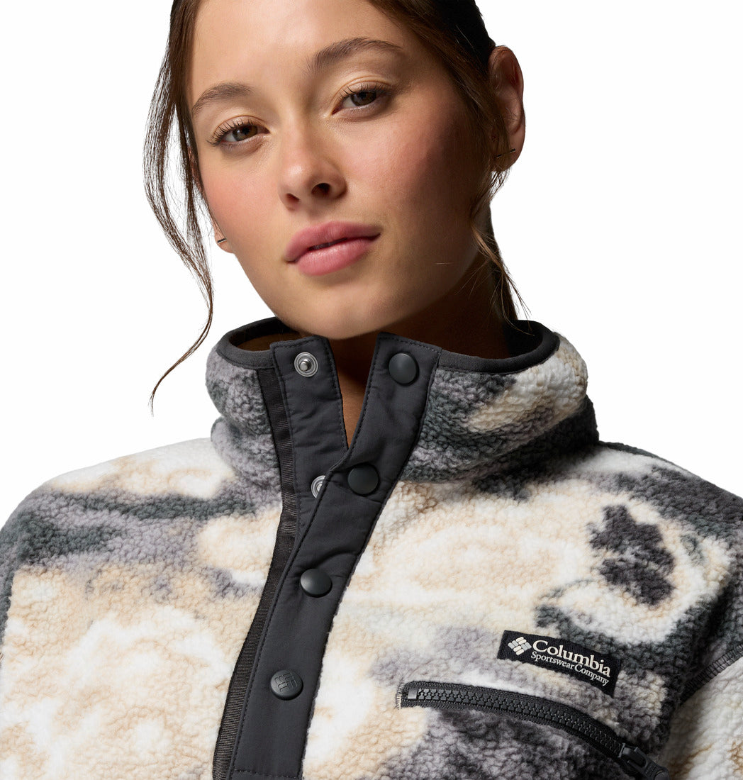 Columbia Womens Helvetia II Printed Cropped Half Snap fleece in Shark Dreaming, collar and chest pocket detail.