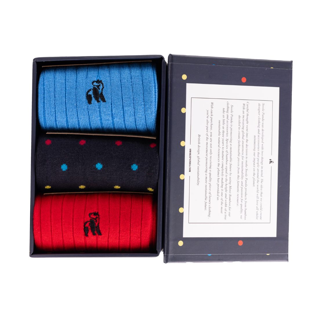 Swole Panda Sock Gift Box - 3 Pairs - Multi Coloured Dots Red/Navy/Blue detail view