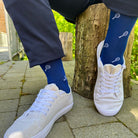 Swole Panda Tennis Raquet Bamboo Socks Blue model front view