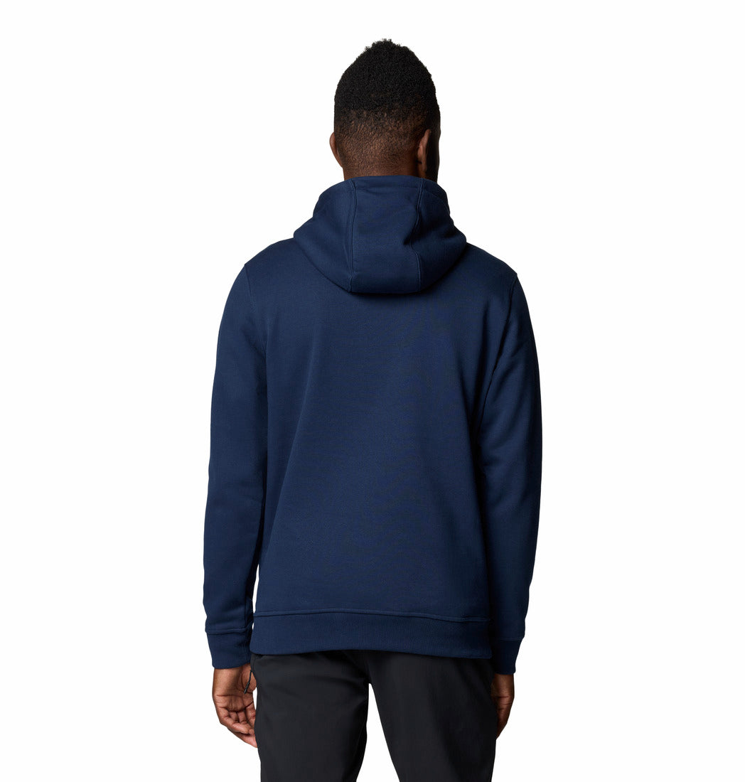 Person wearing a navy blue hoodie on a white background