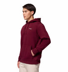 Man wearing a maroon hoodie with a brand logo on a white background