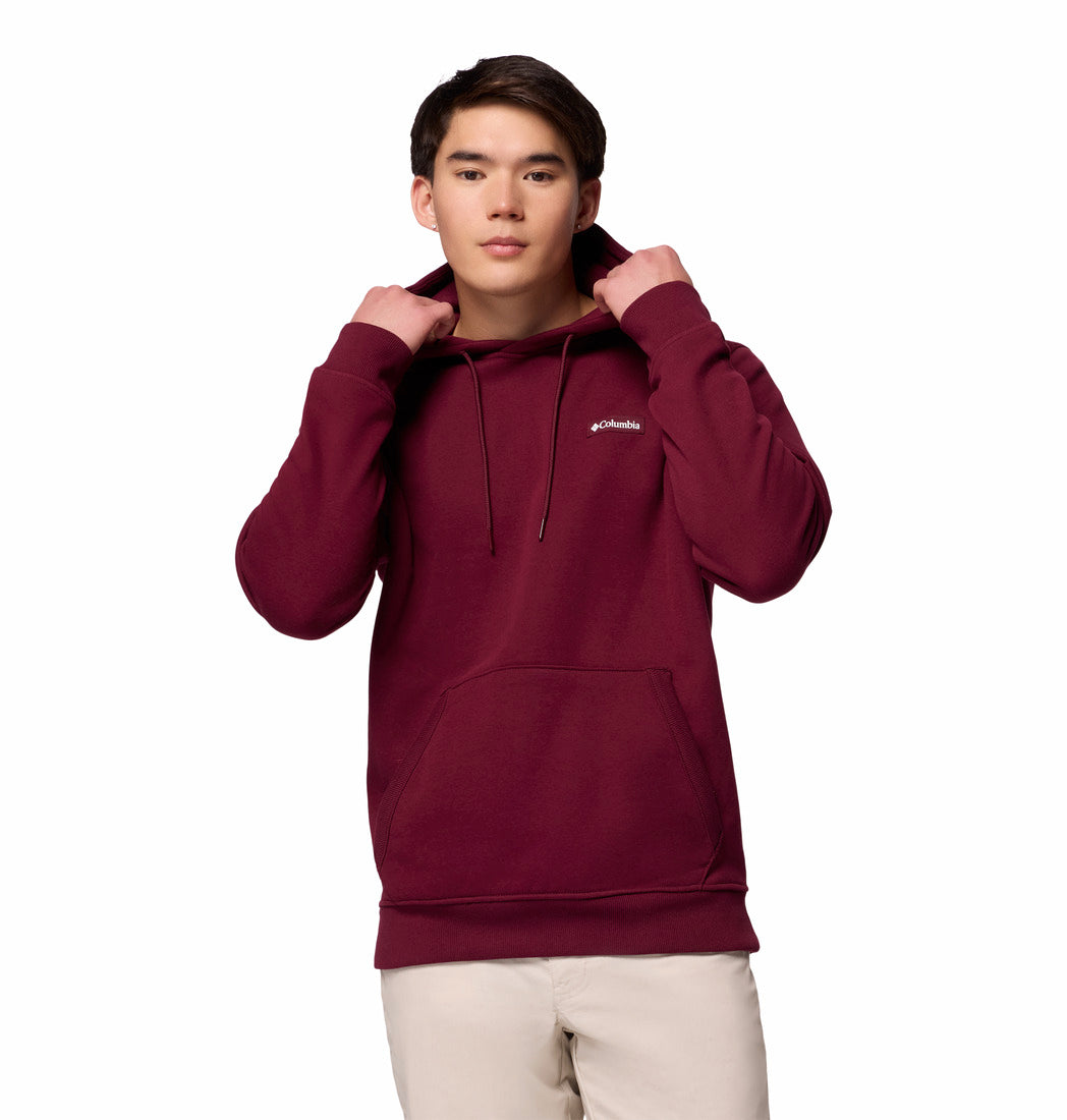 Person wearing a maroon hoodie with a brand logo on a white background