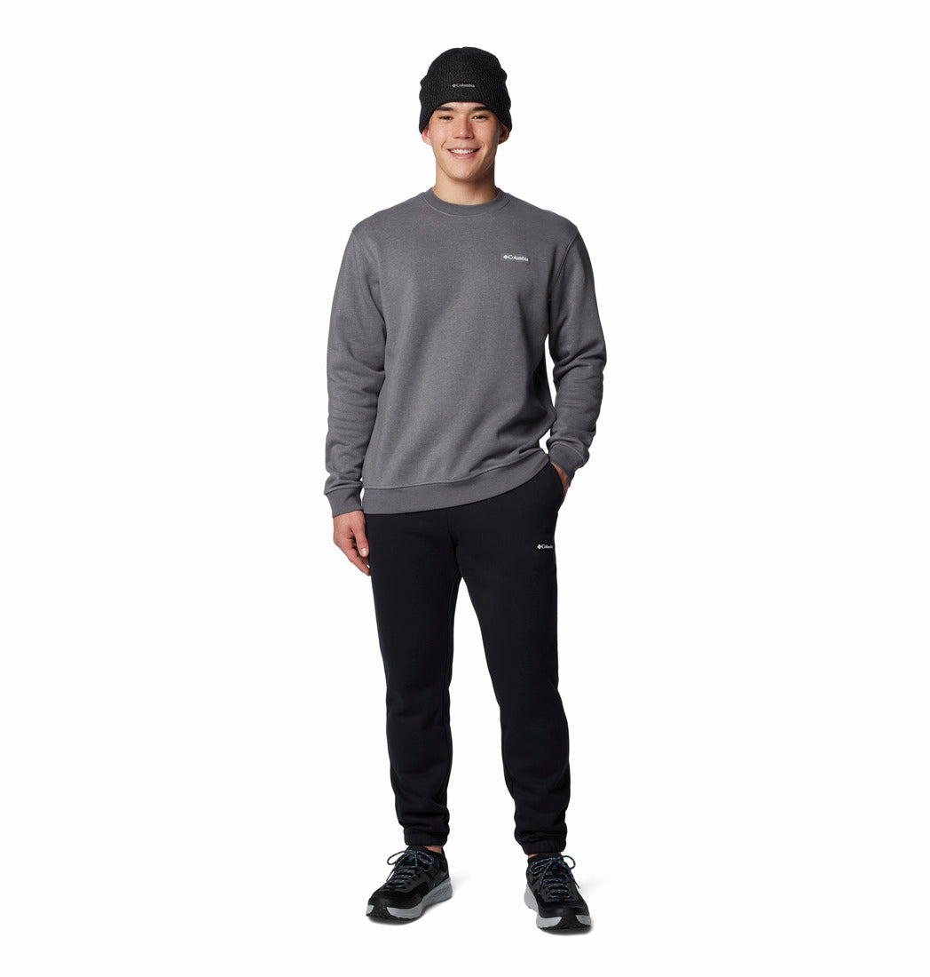 Person wearing a gray sweatshirt and black pants on a white background
