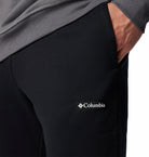 Black Columbia sweatpants with a logo on the leg against a white background