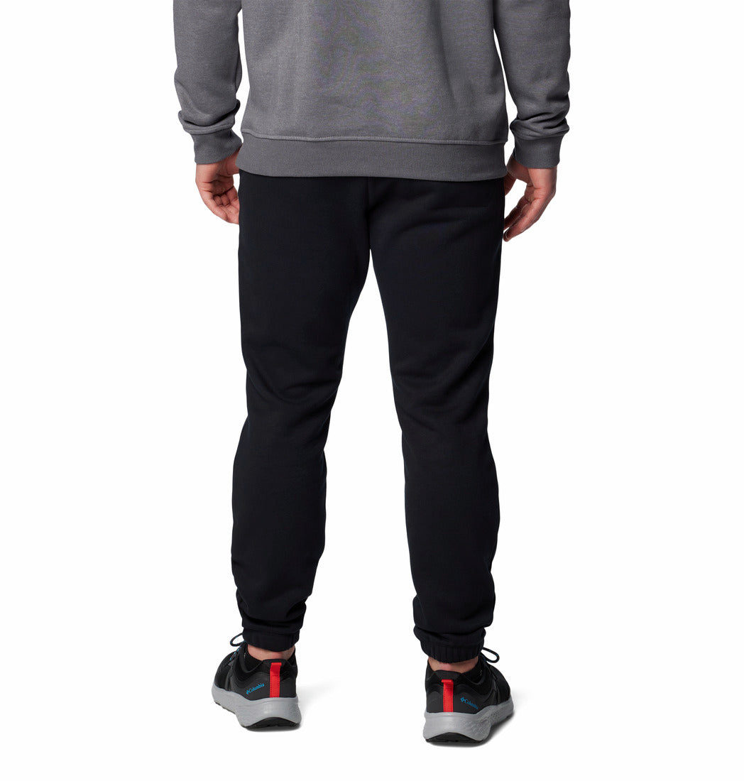 Person wearing a gray sweatshirt and black jogger pants on a white background