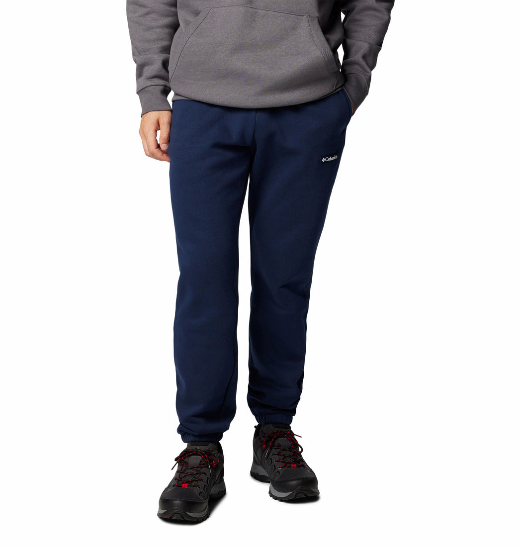 Person wearing navy pants and a gray hoodie on a white background