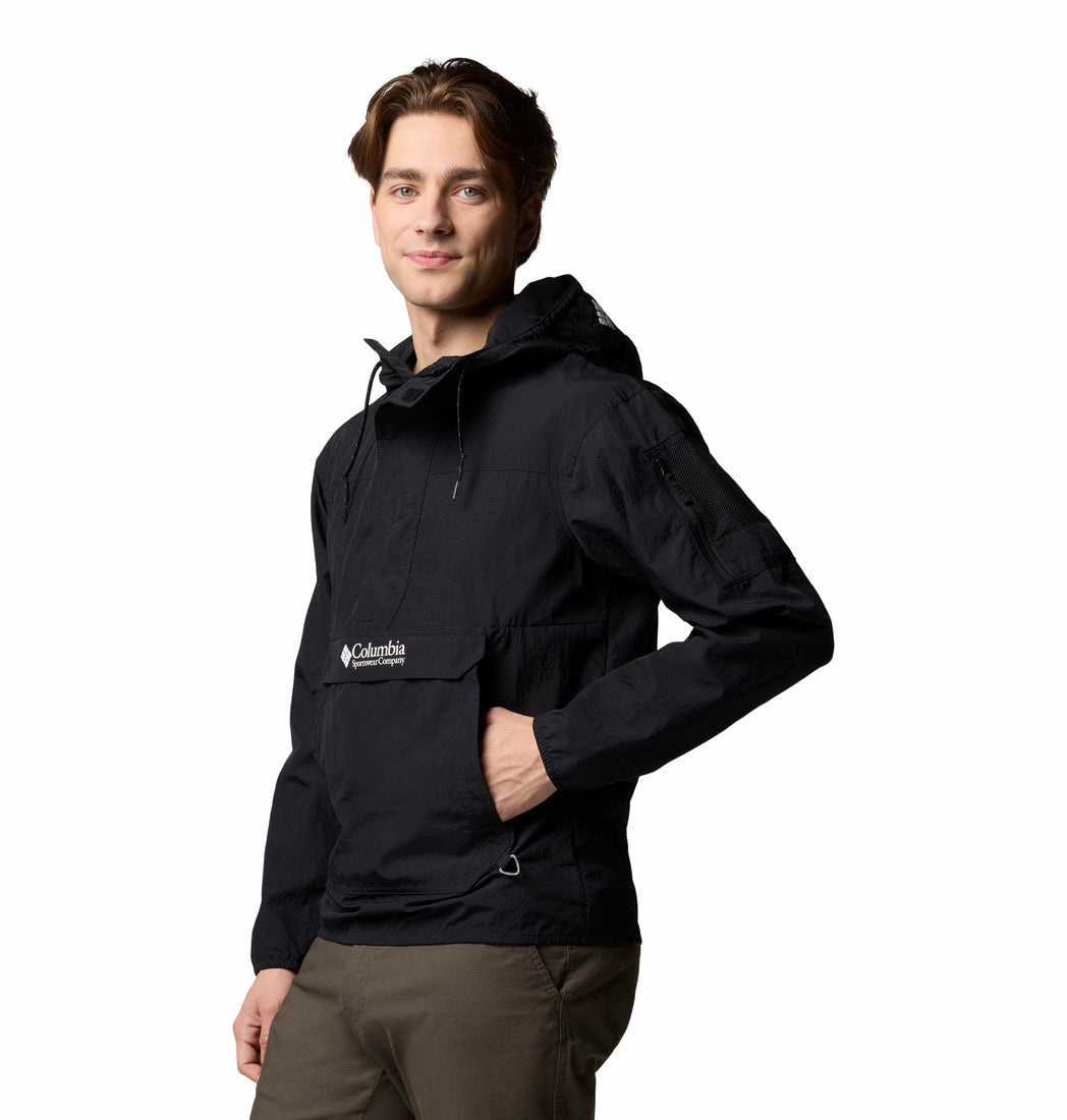 Columbia Mens Challenger Windbreaker Anorak in black, angled model view showing front pocket and sleeve detail.