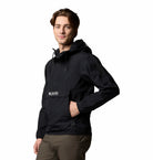 Columbia Mens Challenger Windbreaker Anorak in black, angled model view showing front pocket and sleeve detail.